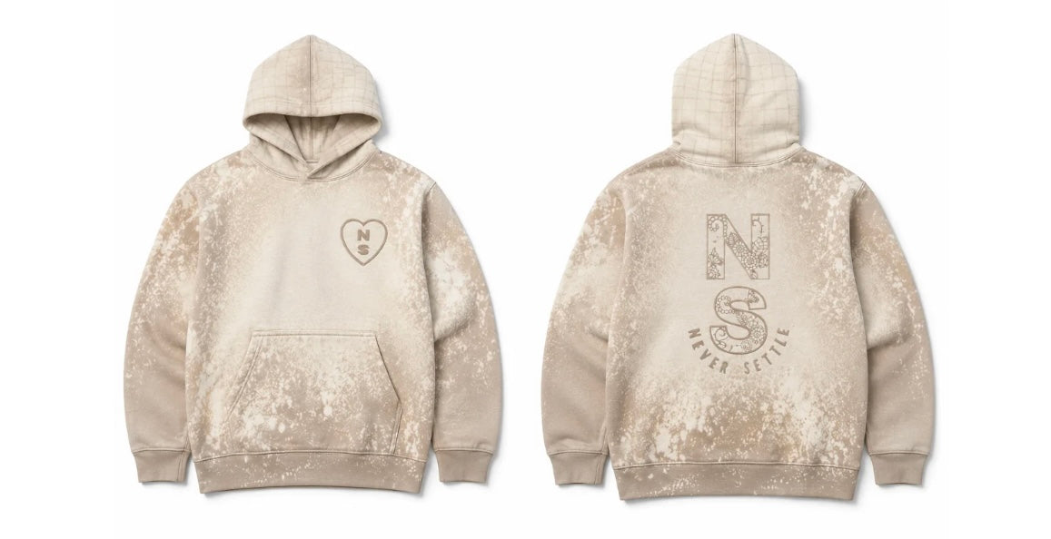 Never Settle — Sand Bleach Heavyweight Hoodie